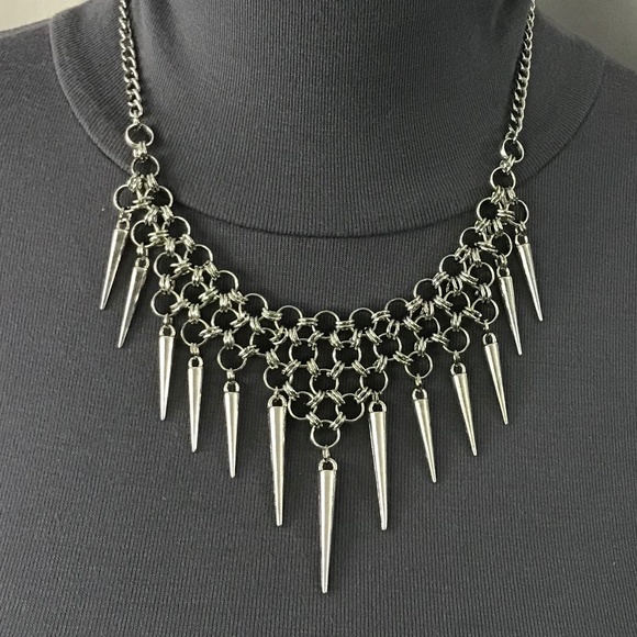 Gothic Tribal Silver Warrior Chainmail Spike Handmade Adjustable Choker Necklace - Picture 2 of 15